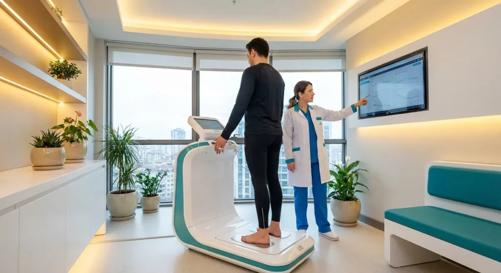 Surgeon performing facial symmetry analysis